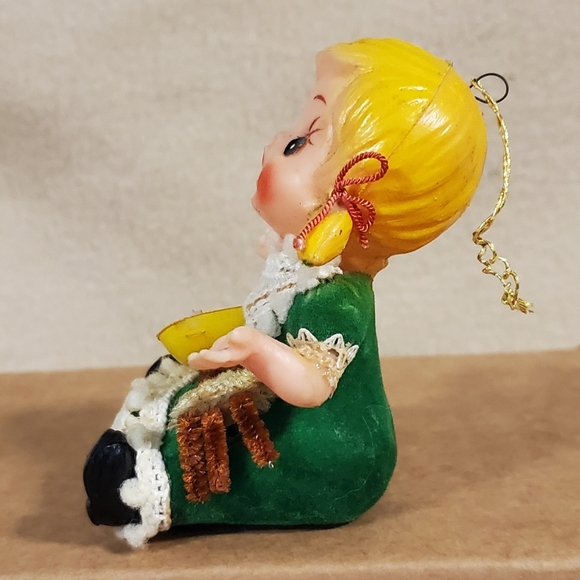 Vintage Flocked Plastic Face Little Miss Muffet Ornament - Picture 2 of 12